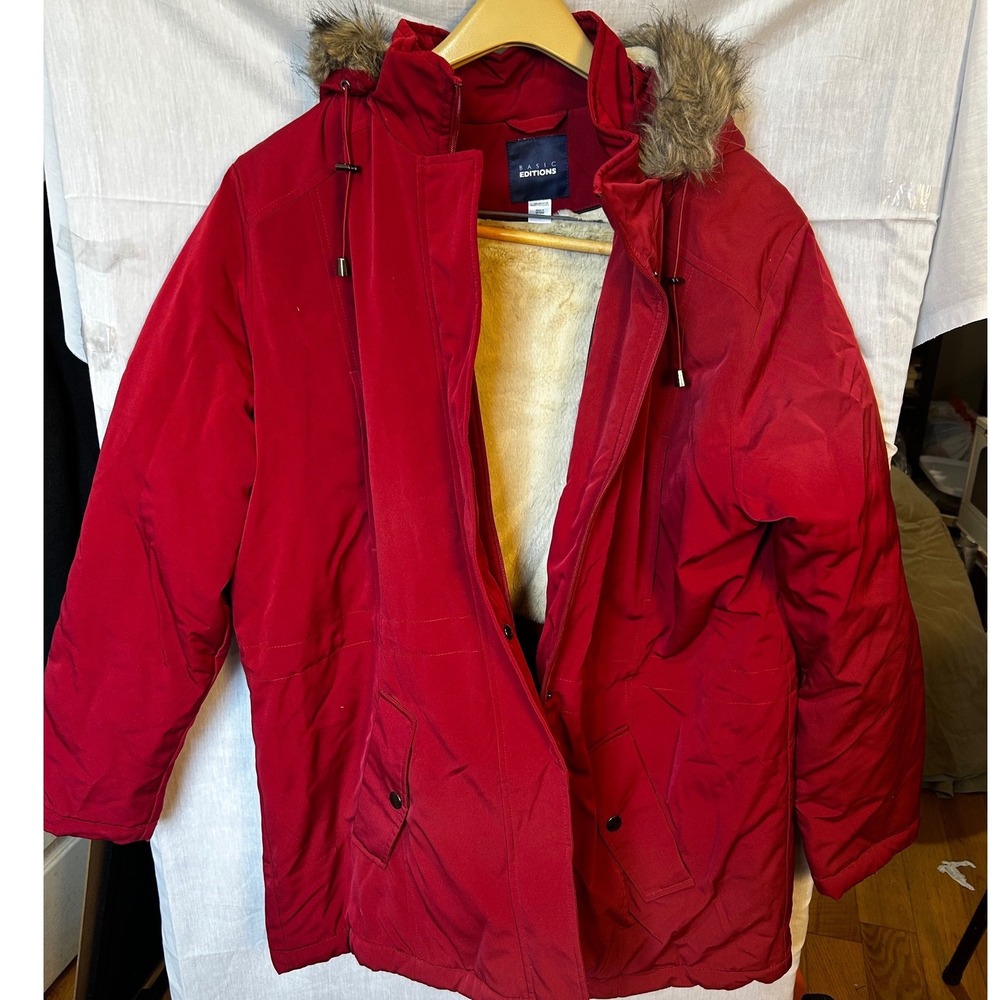 Basic Editions Red Faux Fur Lined Hooded Parka Jacket Womens XL Winter Coat